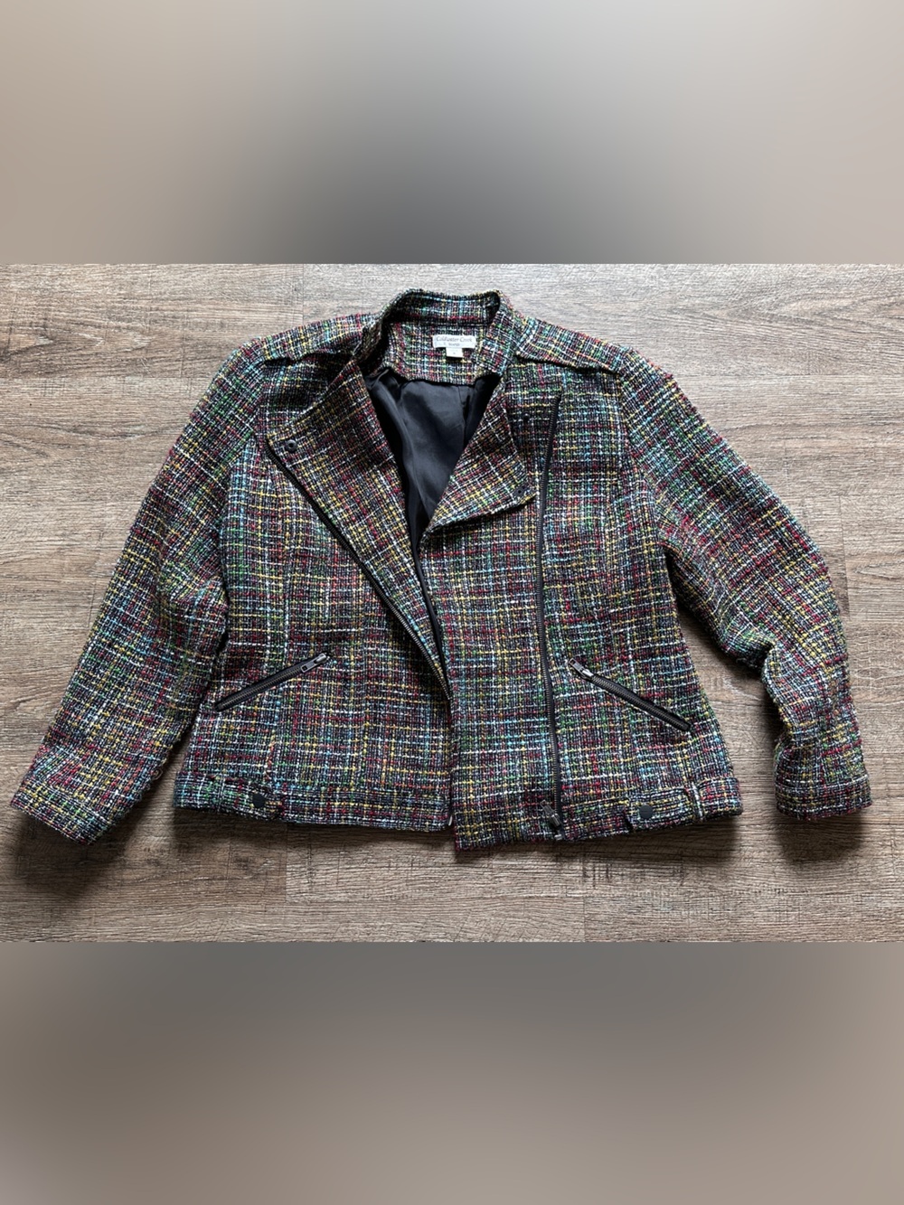 Coldwater Creek Rainbow Tweed Moto Asymmetrical Zip Jacket Blazer Size 16
